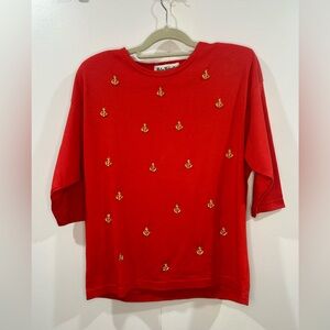 Vintage Women's Peter Valentine 3/4 Length Sleeve Top with Anchors Size Large